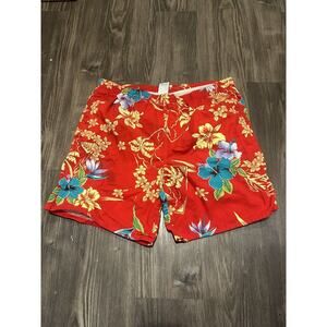 Vintage 90s Y2K Red Floral Swim Trunks Mens‎ Size Large Lined Beach Shorts